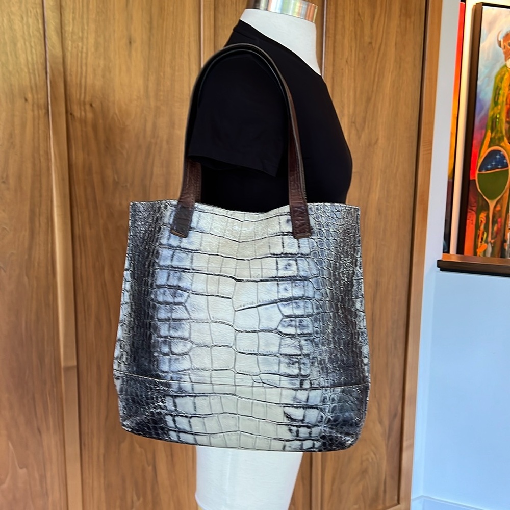 B.MAY Crock, embossed tote.Smoky blue, black and cream colors with brown strap.